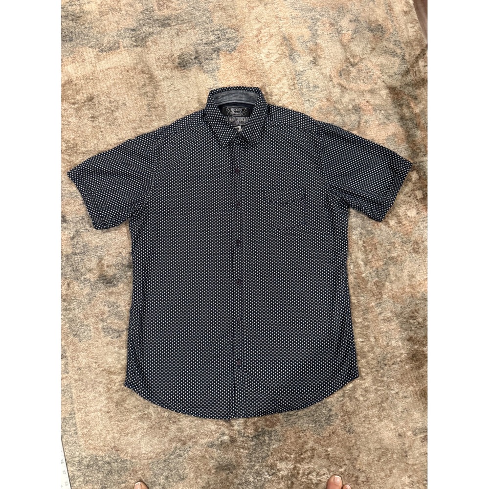 Broken Threads Mens XL Polka Dot Button Down Shirt Navy Blue Short Sleeve Cotton
